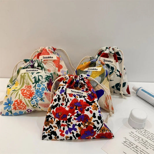 🌸 Cotton Drawstring Organizer Pouch – Reusable Everyday Essential