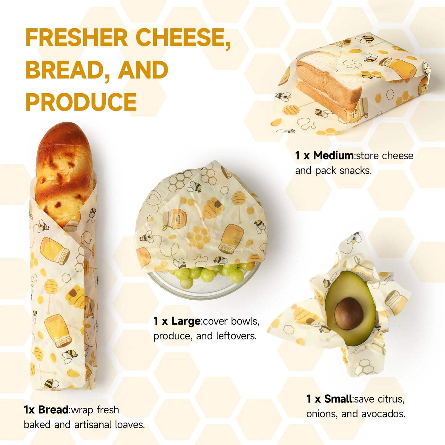 🐝 Beeswax Reusable Food Wraps – Eco-Friendly Plastic-Free Food Storage (3pack)