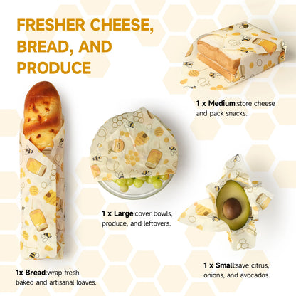🐝 Beeswax Reusable Food Wraps – Eco-Friendly Plastic-Free Food Storage (3pack)